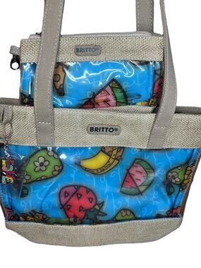 Britto Tote Bag with Cosmetic Case. Clear PVC front. Fruit motif. NWT